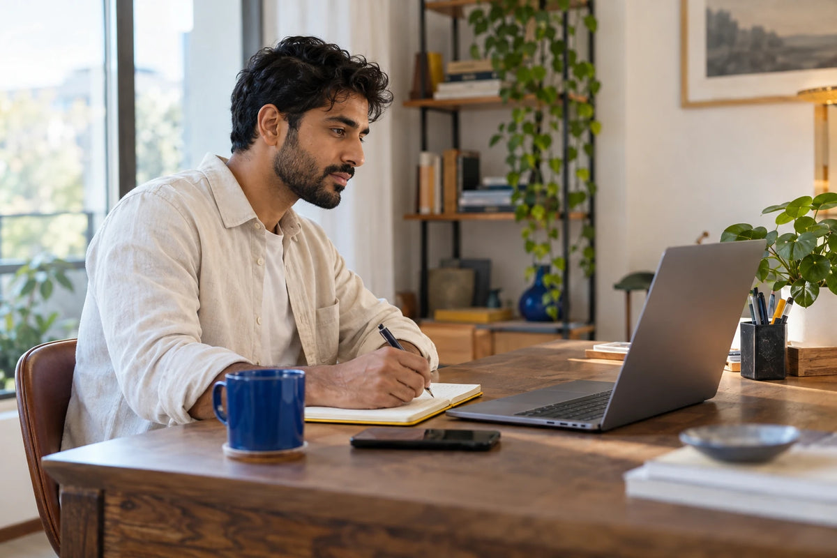 Illustrative photograph of an adult learner taking notes during an online lesson